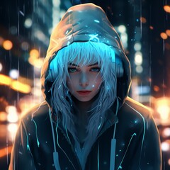 A girl with blue neon glowing eyes, in a hood with headphones, blue hair against the background of a night city