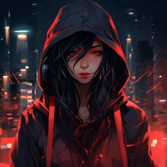 A girl with red neon glowing eyes, in a hood with headphones, purple hair against the background of a night city