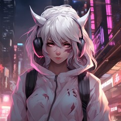 A girl with pink neon glowing eyes, in a hood with headphones, purple hair against the background of a night city