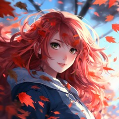 A girl with red shining eyes, a white-red hairstyle. Maple leaves are falling behind