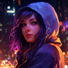 A girl with orange neon glowing eyes, in a hood with headphones, purple hair against the background of a night city