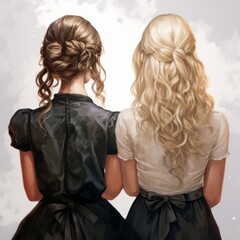 Fototapeta premium Two twin sisters, blonde and brunette, completely opposite to each other