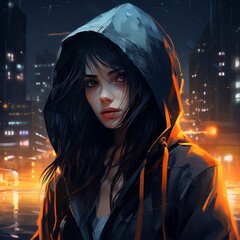 A girl with in a hood with headphones, black hair against the background of a night city