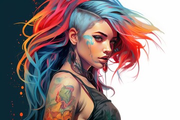 an edgy woman with colorful hair, nose ring, tattoos wearing urban street fashion clothing, illustration