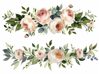 set di fiori rosa tipo peonie  e foglie verdi, bordo o ghirlanda, clip art per matrimonio su sfondo bianco scontornabile, colori tenui - obrazy, fototapety, plakaty