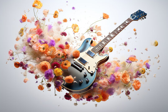 A creative display featuring a electric guitar amidst a burst of vibrant flowers and billowing smoke against a white backdrop, evoking a sense of musical fantasy.