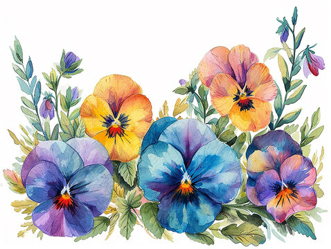 set di fiori violette  arcobaleno in stile acquerello, bordo o ghirlanda, clip art per matrimonio su sfondo bianco scontornabile, colori tenui