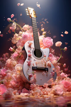 A creative display featuring a electric guitar amidst a burst of vibrant flowers and billowing smoke against a pink backdrop, evoking a sense of musical fantasy.