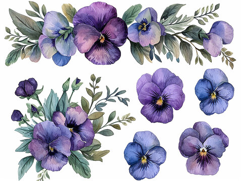 set di fiori violette  arcobaleno in stile acquerello, bordo o ghirlanda, clip art per matrimonio su sfondo bianco scontornabile, colori tenui