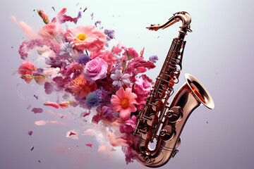 Saxophone appears to be disintegrating into an array of vivid spring flowers and petals in a serene studio setting. - obrazy, fototapety, plakaty