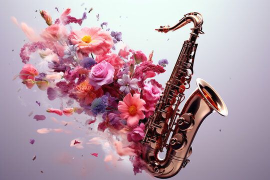 Saxophone appears to be disintegrating into an array of vivid spring flowers and petals in a serene studio setting.