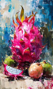 Dragon fruit painted on canvas. Exotic tropical fruit.