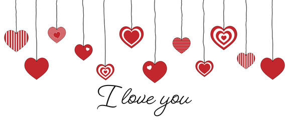 I love you - Schriftzug in englischer Sprache - Ich liebe dich. Liebesbotschaft mit hängenden Herzen.