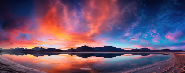 Beautiful colored clouds over the amazing mountain lake. Red and blue sky effect. © Daniela