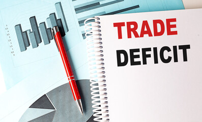 TRADE DEFICIT text on a notebook with pen on a chart background - obrazy, fototapety, plakaty