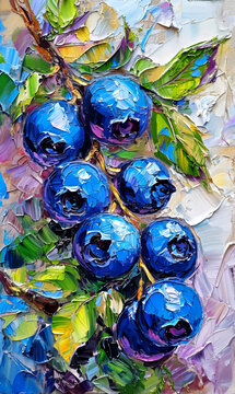 Oil painting of blueberries on canvas. Modern Impressionism.