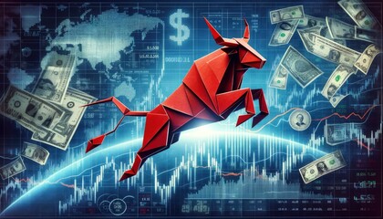 Red origami bull leaps over a futuristic technological display of stock market data, symbolizing forward-thinking investment strategies. Generative ai

