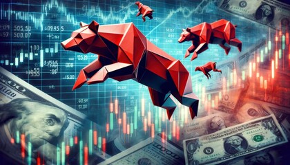 Paper origami bears and bulls juxtaposed against a background of fluctuating financial market charts and US currency. Generative ai
