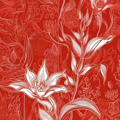 Traditional Chinese flowers illustration on red background for Chinese New Year greeting card