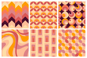 Set of vector geometric seamless patterns, groovy vibes of 70s, psychedelic Pattern designs, Disco Inspired, Iconic Aesthetics