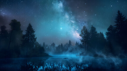 Celestial Symphony: Captivating Night Sky and Serene Forest Landscape