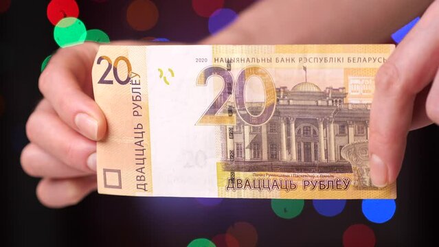 close-up Belarusian 20 twenty ruble bill in female hands