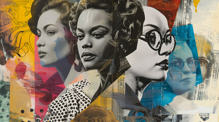 An abstract collage depicting influential American women showing diversity, strength and independence. Women's History Month, the legacy of female empowerment.