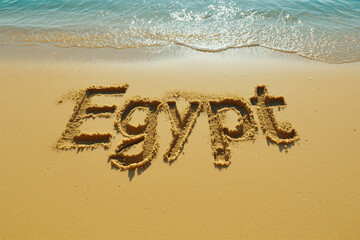 Fototapeta premium Photo of Egypt name made out of sand on the beach