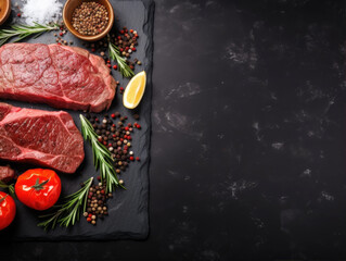 Raw beef steak on dark black board background, above top view, text copy space, uncooked raw beef steak,rosemary spices, cooking ingredients.