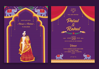 Beautiful Indian Wedding Invitation Card Design with Bridegroom Character in Purple Color.