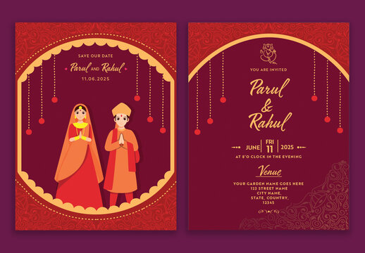 Double-Side of Wedding Invitation Card Design with Indian Couple Character in Namaste or Welcome Pose.