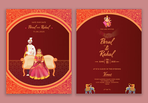 Beautiful Indian Wedding Invitation Cards with Hindu Couple Character in Traditional Attire.