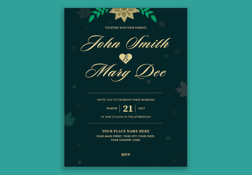 Wedding Invitation Card Design with Event Details in Dark Green Color.