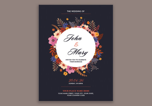 Floral Wedding Invitation Card Design in Dark Color.