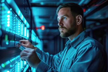 Technician repairs, maintains electrical and computer equipment in server room, soft blue LED backlight.