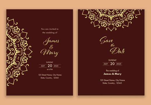 Double-Side of Wedding Invitation Card with Mandala Pattern in Dark Red Color.
