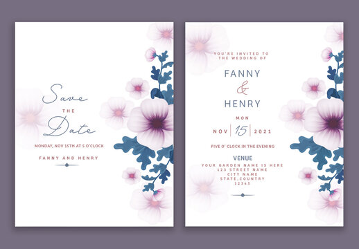 Beautiful Floral Wedding Invitation, Save The Date Card Design with Event Details in White Color.