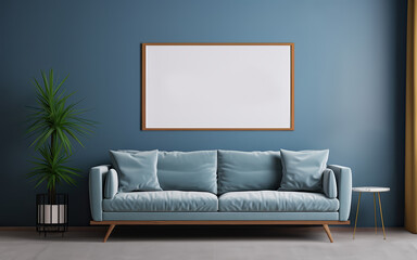 Mockup for wall art, minimal living room in blue colors