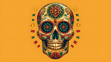 Traditional Mexican sugar skull mask. Ornate decorative human skeleton head. Latin American Day of the Dead celebration symbol, Isolated dia de los muertos skull, Generative Ai - obrazy, fototapety, plakaty