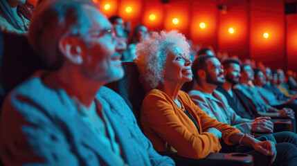 Obraz premium Portrait of an elderly woman in a crowded cinema, her face illuminated by the light from the screen. A woman is enthusiastically watching a movie.