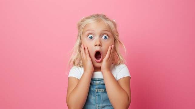 petite fille &eacute;tonn&eacute;e bouche ouverte et yeux &eacute;carquill&eacute;s, portrait studio avec fond color&eacute;