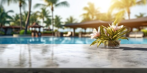 Marble table and blurred pool at tropical resort, suitable for display or product montage. - obrazy, fototapety, plakaty
