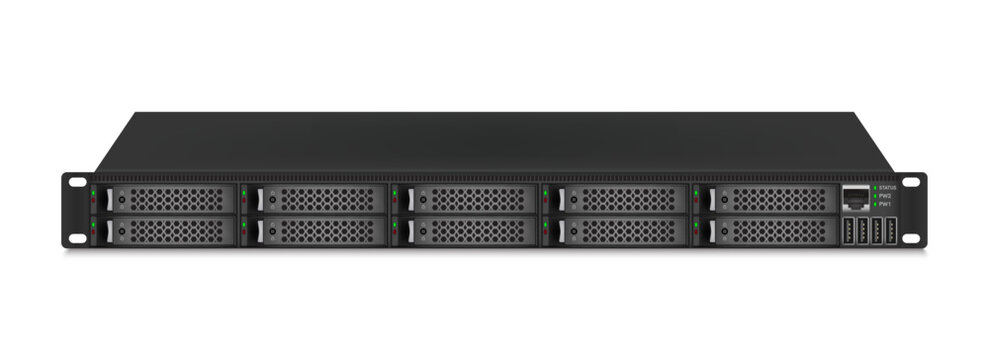 Professional server size 1u with eight 2.5-inch hard drives. 
Network attached storage on white background. Vector illustration.