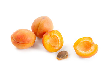 Apricot fruit whole and half isolated on white background..