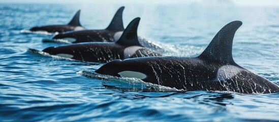 A family of killer whales (Orcinus orca), gracefully glides through the crystal-clear waters just off the coast. - obrazy, fototapety, plakaty