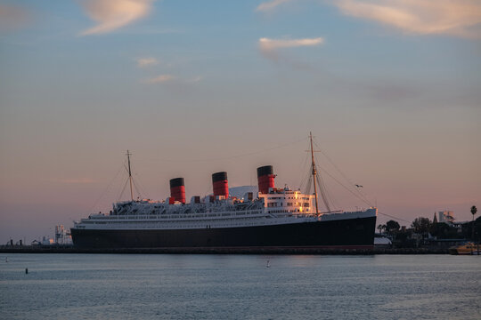 World famous tourist destination and historic ocean liner cruiseship cruise museum ship hotel in port of Long Beach, California USA