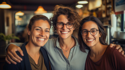 Group of three smiling female friends at cafe having breakfast . Three senior women laugh together