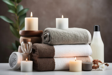 Fototapeta na wymiar Serene Spa Escape: Towel Care & Relaxation in Natural Aromatherapy Ambiance