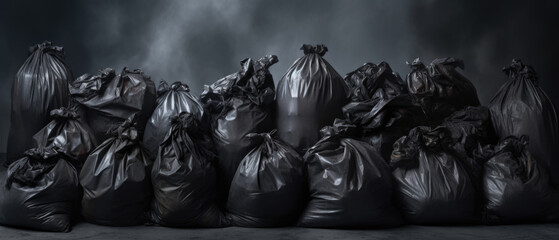 Black garbage bags stack or waste plastic bags isolated on white background, environment concept