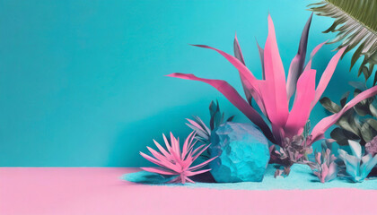 Background with unreal underwater tropical plants and stones. Summer blue and pink flora, copy space